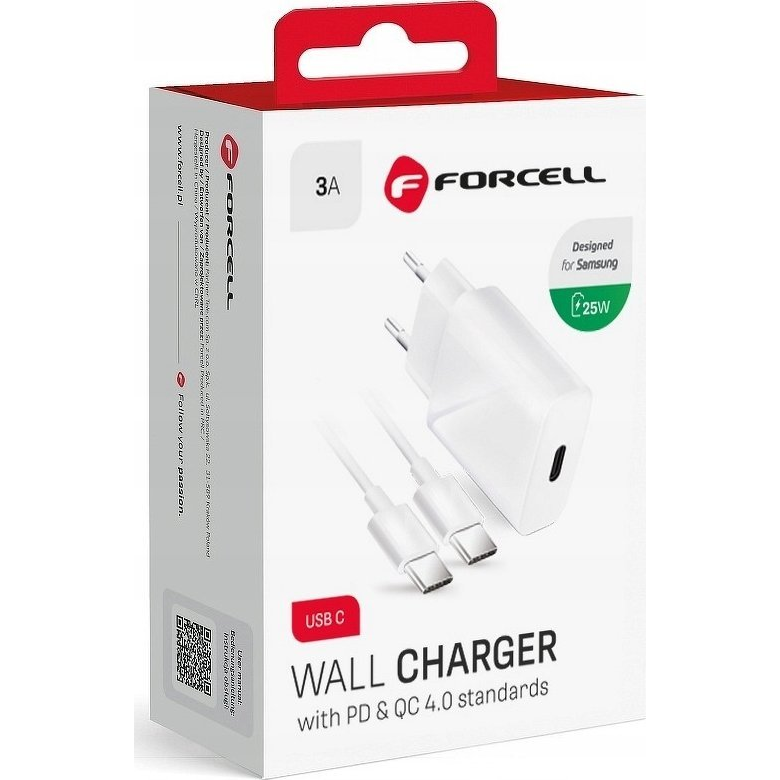 Forcell F-Energy TFK-TC-25WPD USB-C + USB-C-USB-C töltő adapter kábellel, PD, Q.C, 3A, 25W, fehér ( )