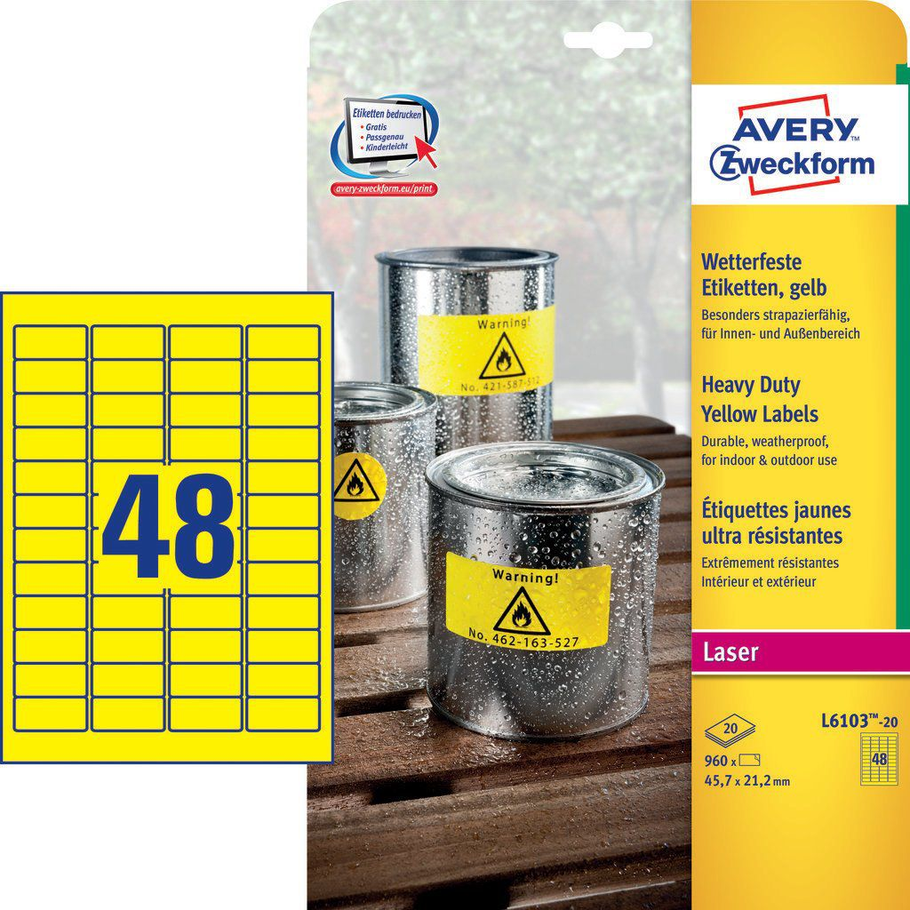 Avery-Zweckform L6103-20 45.7 x 21.2 mm Poliészter fólia Sárga 960 db Véglegesen tapadó Fólia címkék Lézer, Másolat (L6103-20)