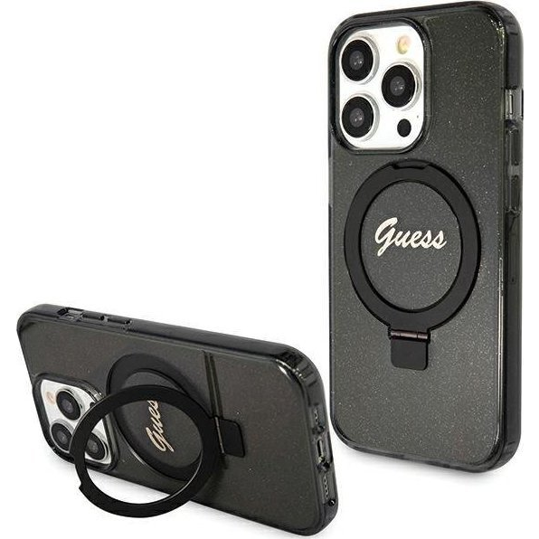 Guess Apple iPhone 15 Pro Max IML Ring Stand Glitter Magsafe Hátlapvédő Tok Fekete (GUE003360)