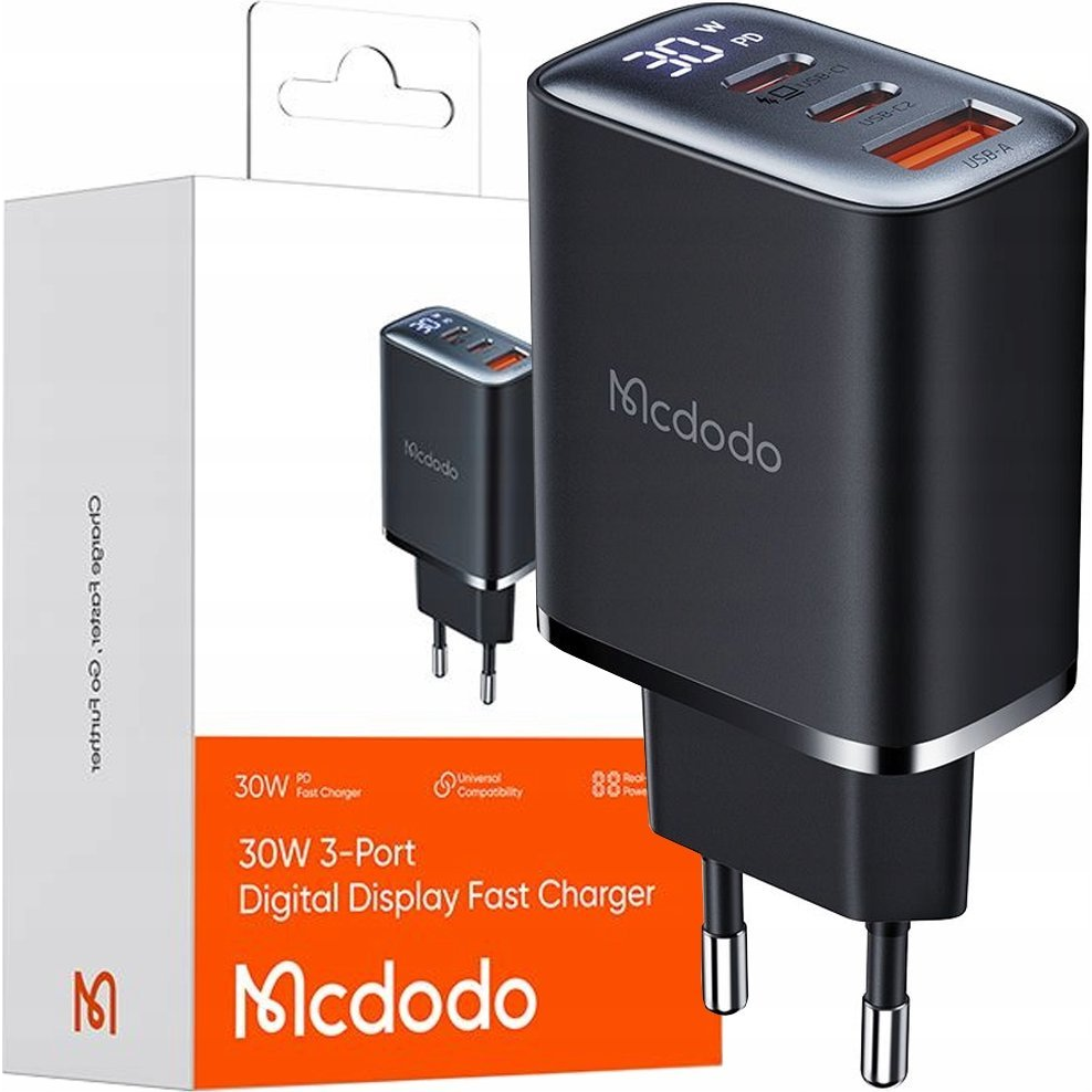 Mcdodo CH-2180 digital display wall charger 2xUSB-C + USB-A, 30W (black) ( )