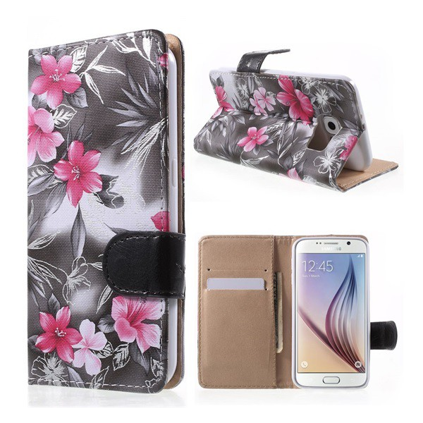 Tok álló, bőr hatású (FLIP, oldalra nyíló, asztali tartó funkció, rózsaszín virág minta) SZÜRKE [Samsung Galaxy S6 (SM-G920)] (5996457535583)