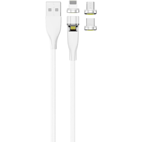 2GO USB-A apa - USB-C/Lightning/MicroUSB apa Mágneses adat és töltő kábel - Fehér (1m)
