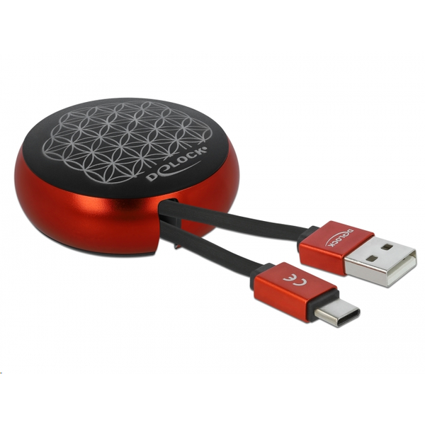 Delock USB 2.0-A apa - USB-C 2.0-C apa Adat- és töltőkábel tokba visszahúzható - Fekete/Piros