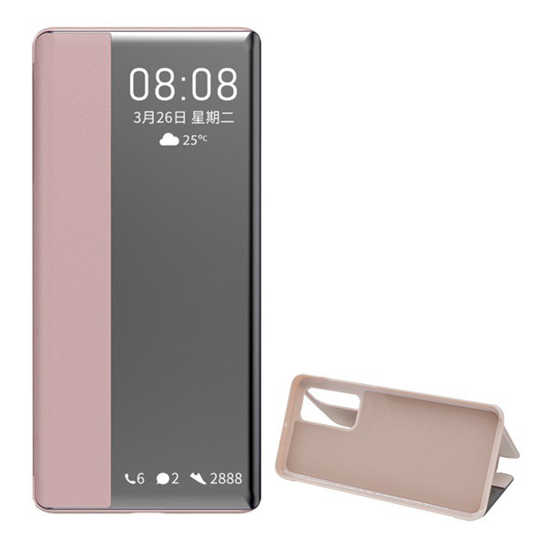 Tok álló, bőr hatású (FLIP, oldalra nyíló, asztali tartó funkció, hívószámkijelzés, Window) RÓZSASZÍN [Huawei P40] (5996457965267)
