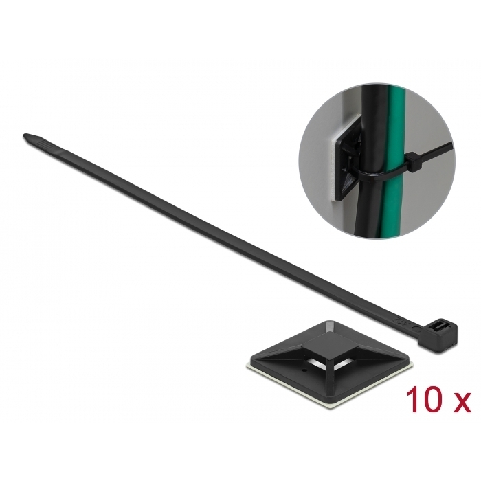 Delock Kábelkötegelő talp 40 x 40 mm, kábelkötegelővel, hossza 250 mm x szélessége 7,2 mm fekete (18675)