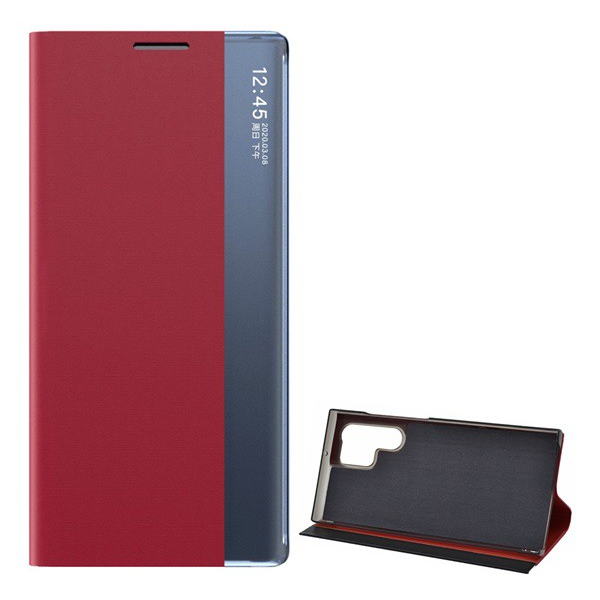 Tok álló, bőr hatású (FLIP, oldalra nyíló, asztali tartó funkció, hívószámkijelzés, View Window) PIROS [Samsung Galaxy S22 Ultra 5G (SM-S908)] (5996591121154)