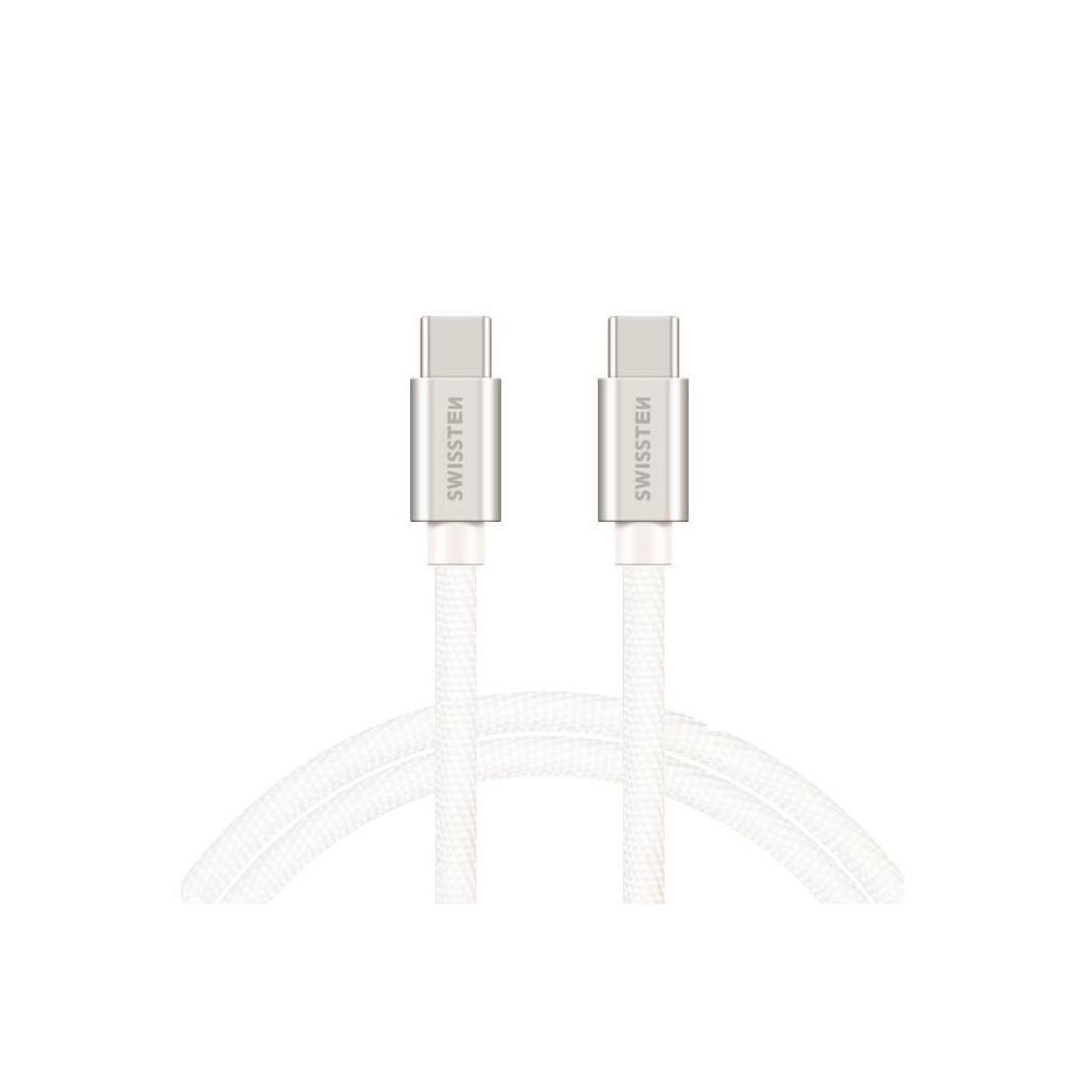 Swissten 71527203 Textile USB Type-C apa - USB Type-C apa Adat és töltő kábel - Fehér/Ezüst (1.2m) (SWI-QU-TYPC-TYPC-SI)