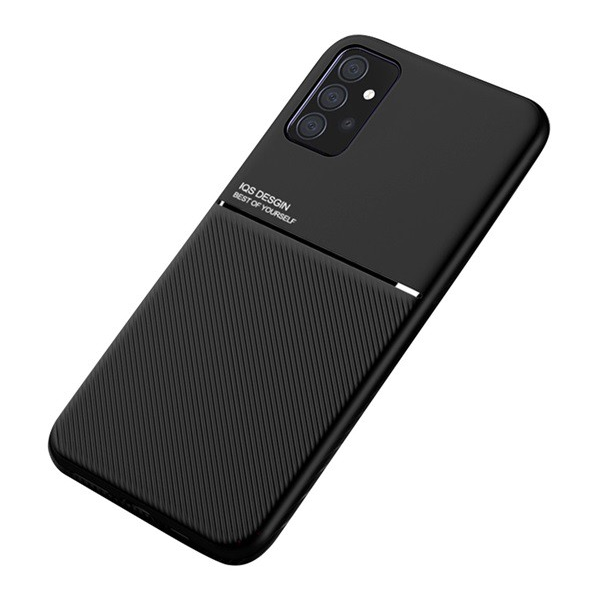 Műanyag telefonvédő (szilikon keret, közepesen ütésálló, beépített fémlemez, bőr hatású hátlap, csíkos minta) FEKETE [Samsung Galaxy A52s 5G (SM-A528)] (5996591132983)