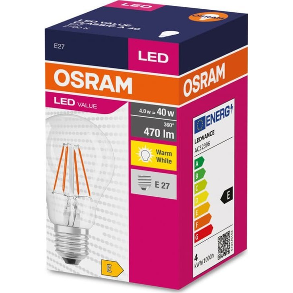 Osram Value átlátszó üveg búra/4W/470lm/2700K/E27 LED körte izzó