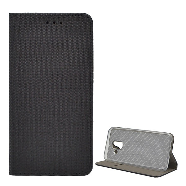 Tok álló, bőr hatású (FLIP, oldalra nyíló, asztali tartó funkció, rombusz minta) FEKETE [Samsung Galaxy A6 (2018) SM-A600F] (5996457767083)