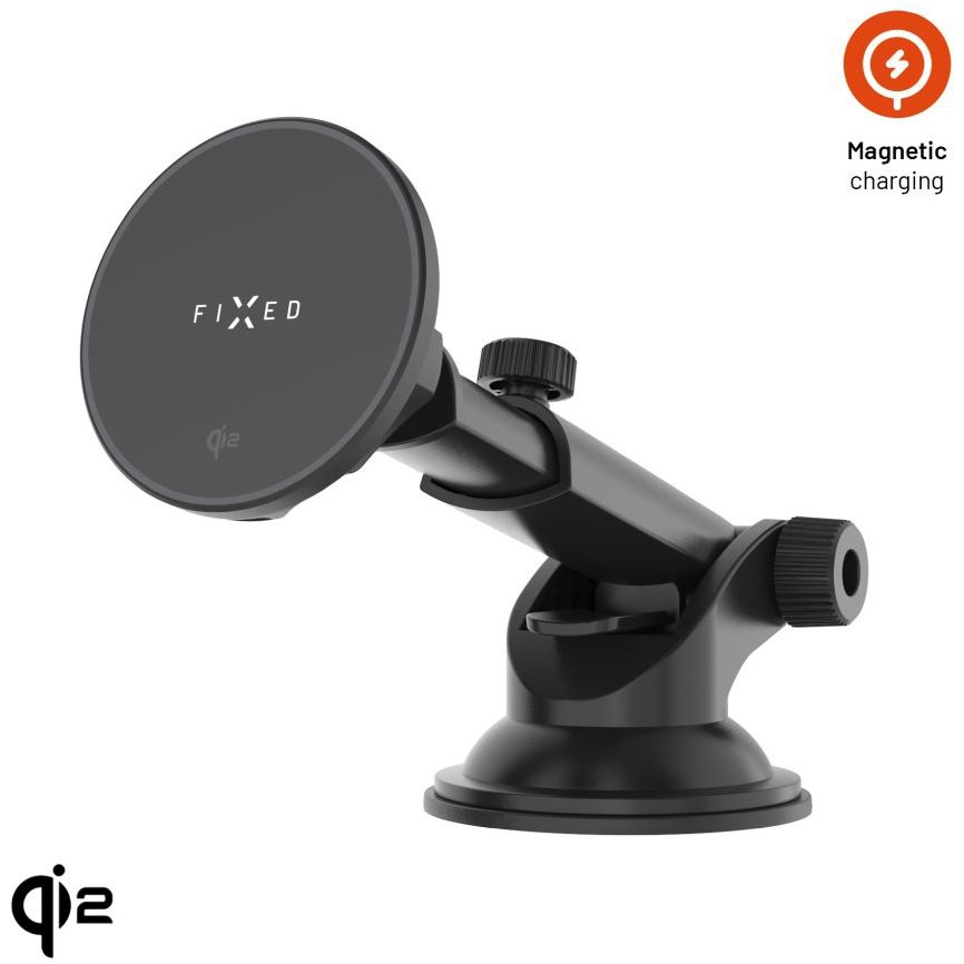 FIXED MagRound2 XL MagSafe kompatibilis tartó és töltő, szélvédőre és műszerfalra, Qi2, 15 W, fekete (FIXMRO2-XL-BK)