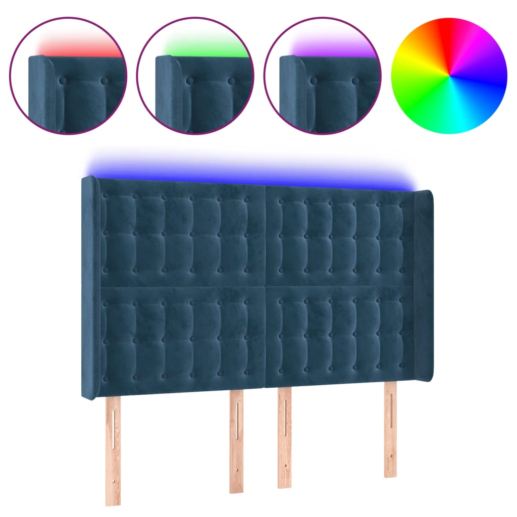 sötétkék bársony LED-es fejtámla 147x16x118/128 cm (3124534)