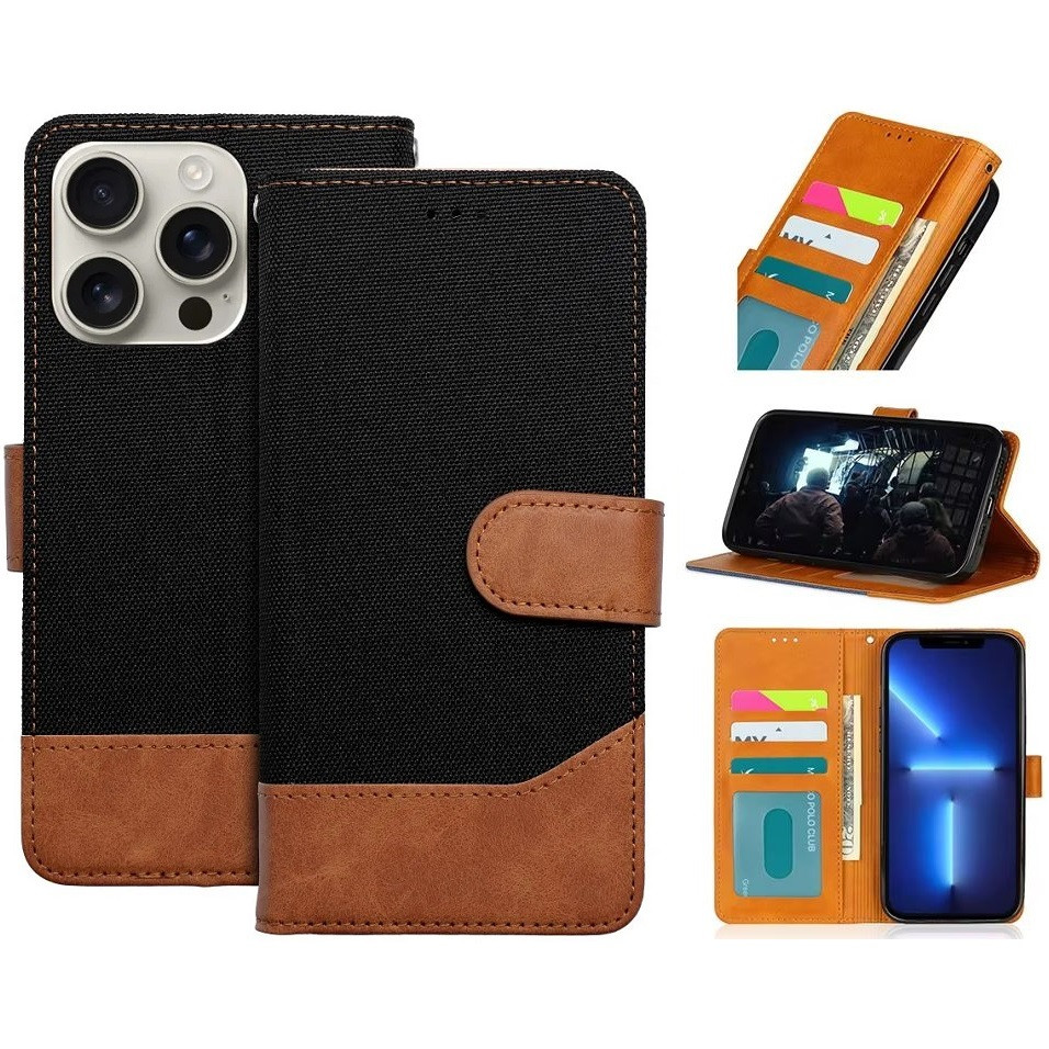 Xiaomi Redmi Note 14 5G (Global), Oldalra nyíló tok, stand, kártyatartóval, farmer minta, Jeans Book, fekete (TS9341)