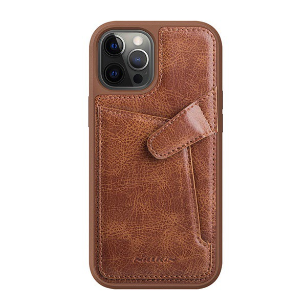 NILLKIN AOGE műanyag telefonvédő (valódi bőr hátlap, mikrofiber plüss belső, bankkártya tartó) BARNA [Apple iPhone 12 Pro Max] (5996591015897)