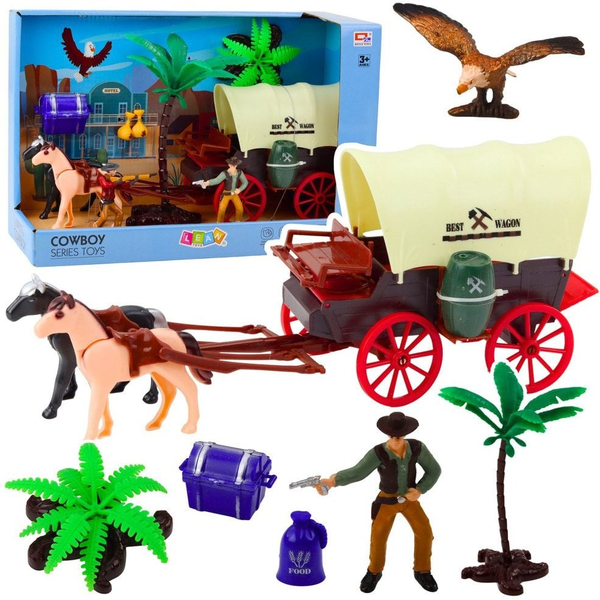 Szett Cowboy Figurák Western Kocsi Lovak Cowboy Pálmák