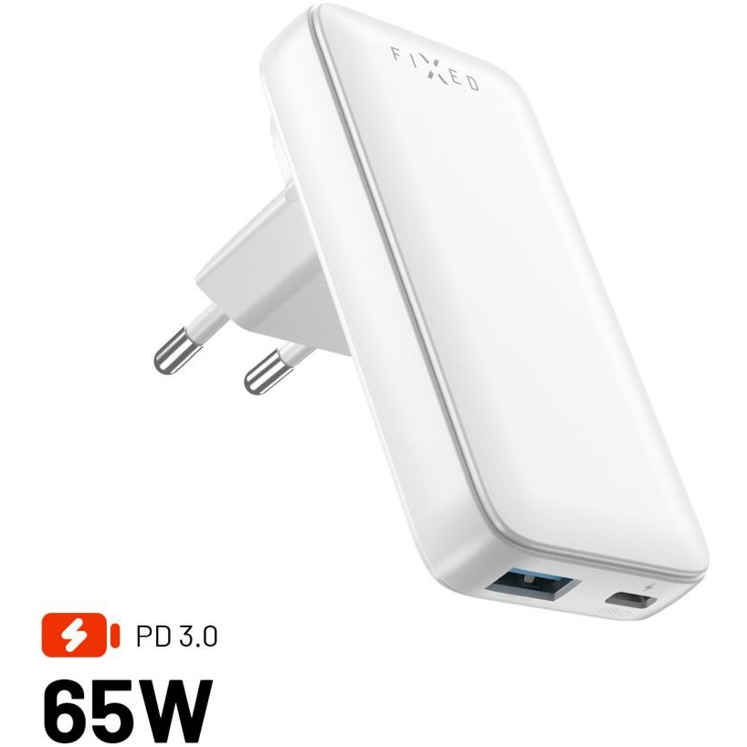 FIXED Slim Traveller GaN PD 65W USB-C és USB kimenettel, cserélhető adapterekkel, fehér (FIXCG65S-CUD-WH)