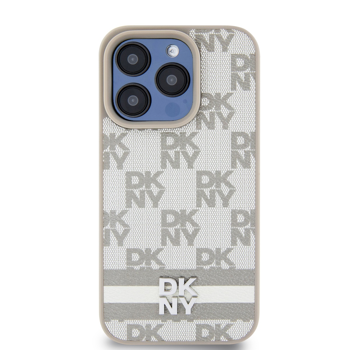 DKNY iPhone 14 Pro kockás mintás csíkkal PU Bőr Telefon tok - Bézs (DKHCP14LPCPTSSE)