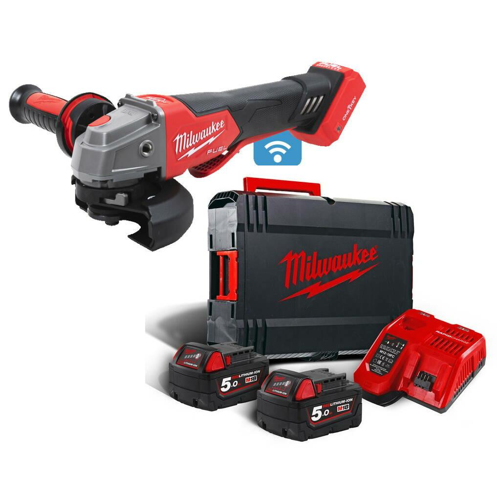 Milwaukee M18ONEFSAG125XPDB-502X Akkumulátoros Sarokcsiszoló - 18 V, 125 mm, 8500 RPM, Szénkefementes, 2 X 5 Ah Akku + Töltő, Heavy Duty Kofferben (4933478435)