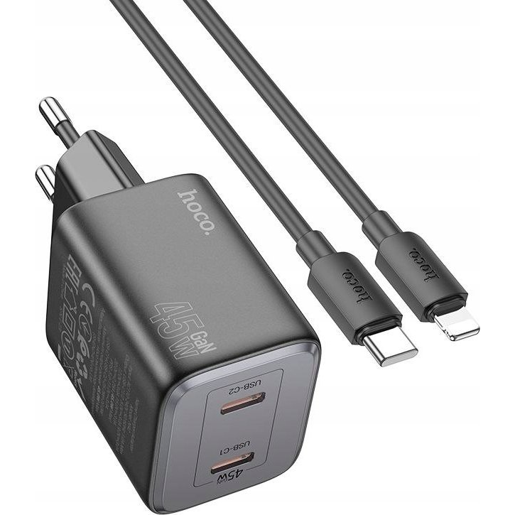HOCO N42 Hálózati Töltő 2 Type-C Aljzat 45 W, PD Gyorstöltő 3.0 + Lightning Kábel, Fekete ( )