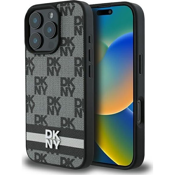 DKNY Checkered Pattern & Printed Stripes iPhone 16 Pro hátlap tok, fekete DKHCP16LPCPTSSK ( )