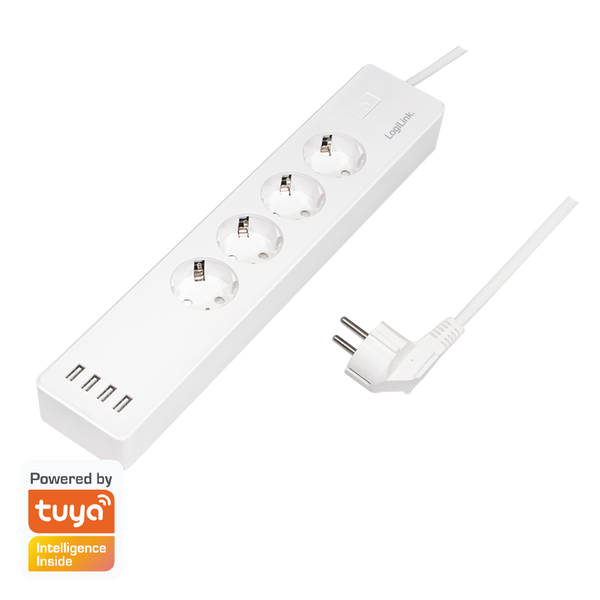Смарт разклонител LogiLink SH0104, Wi-Fi, 4 гнезда, 4xUSB 5 V/4 A макс. 20 W, IP20, Tuya съвместим, H05VV-F 3G 1.5 мм ², Кабел 1.8 м, Бял