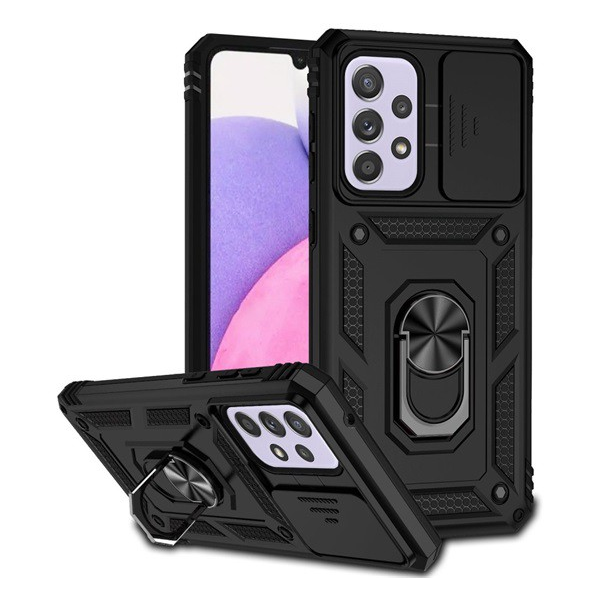 Defender műanyag telefonvédő (közepesen ütésálló, szilikon belső, telefontartó gyűrű, kamera védelem) FEKETE [Samsung Galaxy A33 5G (SM-A336)] (5996591207216)