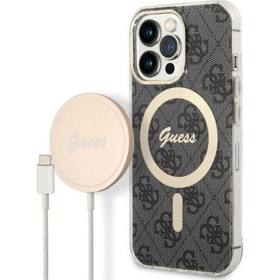 Ładowarka Guess Zestaw Guess etui + ładowarka bezprzewodowa GUBPP13XH4EACSK Apple iPhone 13 Pro Max czarny/black hard case 4G Print MagSafe