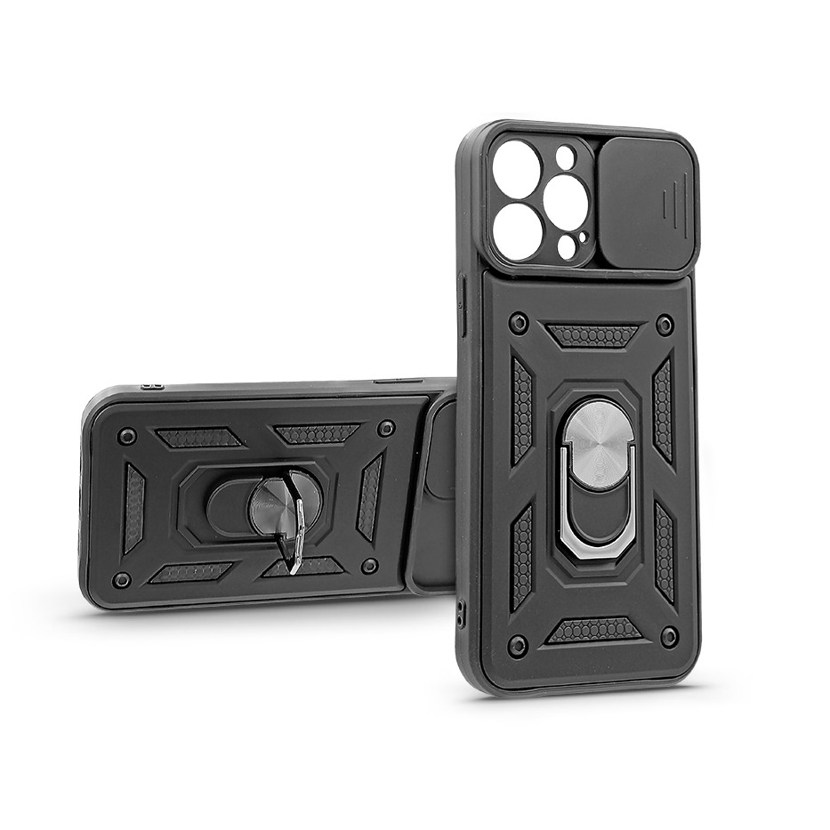 Apple iPhone 13 Pro Max ütésálló hátlap gyűrűvel és kameravédővel - Slide Armor - fekete (PT-6757)