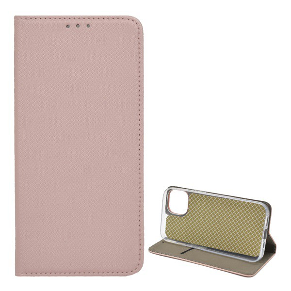 Tok álló, bőr hatású (FLIP, oldalra nyíló, asztali tartó funkció, rombusz minta) ROZÉARANY [Apple iPhone 13 mini] (5996591123424)