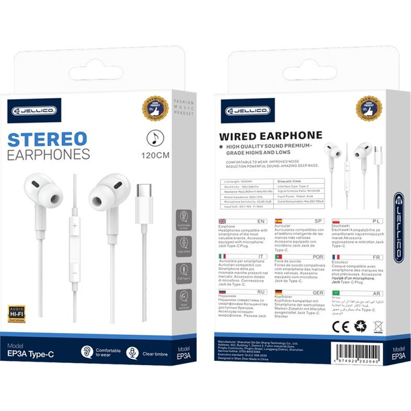 Căști cu fir Jellico EP3A cu microfon USB-C, alb