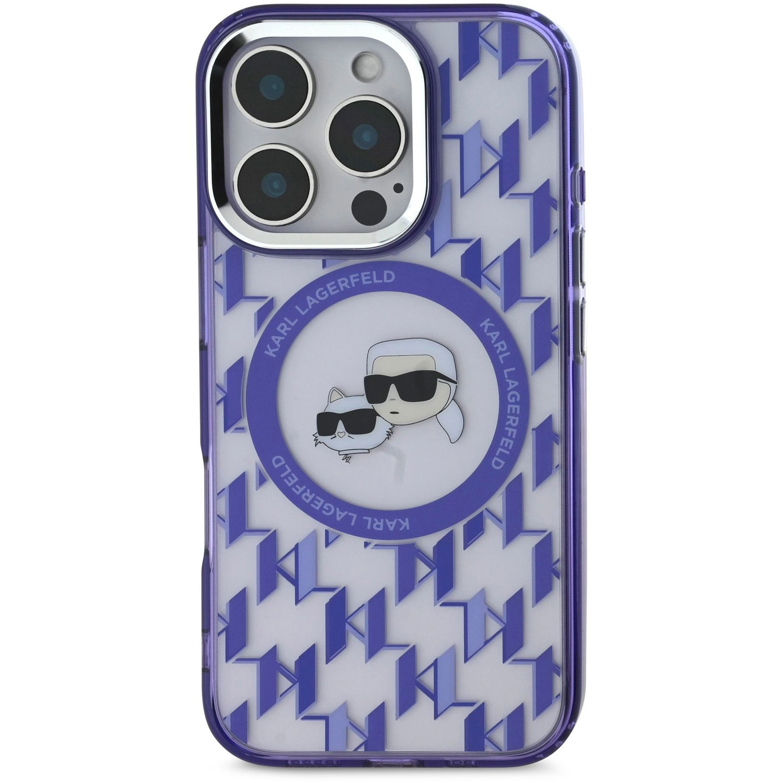 Karl Lagerfeld IML Monogram K and CH Heads iPhone 16 Pro lila MagSafe tok (KLHMP16LHMCKMHU)
