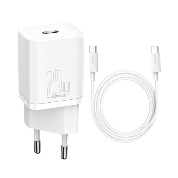 BASEUS hálózati töltő Type-C aljzat (10V / 3000mA, 25W, PD gyorstöltés támogatás + Type-C kábel) FEHÉR (CCCJG25CE_W) (CCCJG25CE_W)
