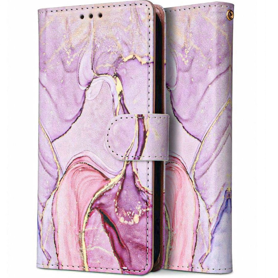 Samsung Galaxy A15 4G / A15 5G SM-A155F / A156B, Oldalra nyíló tok, stand, mágnes csattal, absztrakt márvány minta, TP Wallett Marble, lila/színes (5906203690152)