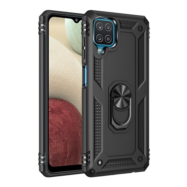 Пластмасов протектор за телефон Samsung Galaxy A12 (Sm-A125F / Sm-A127F) Defender (средна удароустойчивост, силиконова вътрешна част, пръстен за държач на телефона, вградена метална пластина) черен