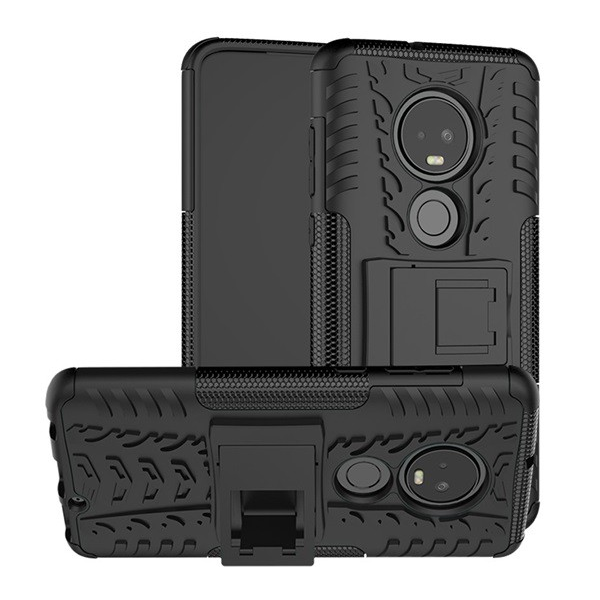 Defender műanyag telefonvédő (közepesen ütésálló, szilikon belső, kitámasztó, autógumi minta) FEKETE [Motorola Moto G7 (XT1962)] (5996457867882)