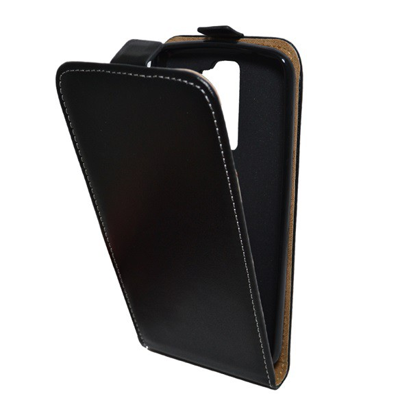Tok álló, bőr hatású (FLIP, lefelé nyíló, szilikon tartó) FEKETE [LG K8 (K350n)] (5996457637027)