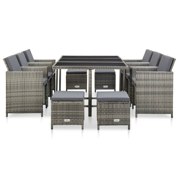 Set mobilier de exterior cu perne, 11 piese, gri, poliratan