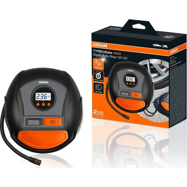 OSRAM OTI450 Kompresszor OTI450 12 V-os adapter kábeles üzemhez, Digitális kijelző, Kábeltartó, Munkalámpával, Túlterhelés elleni védelem