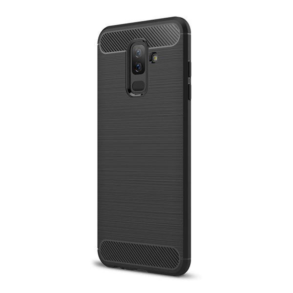 Szilikon telefonvédő (közepesen ütésálló, légpárnás sarok, szálcsiszolt, karbon minta) FEKETE [Samsung Galaxy A6+ (2018) SM-A605F] (5996457769117)