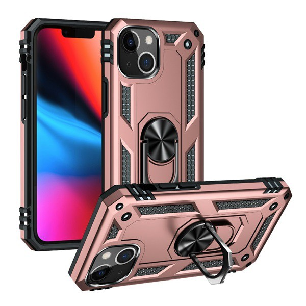 Defender műanyag telefonvédő (közepesen ütésálló, szilikon belső, telefontartó gyűrű, beépített fémlemez) ROZÉARANY [Apple iPhone 13 mini] (5996591097589)