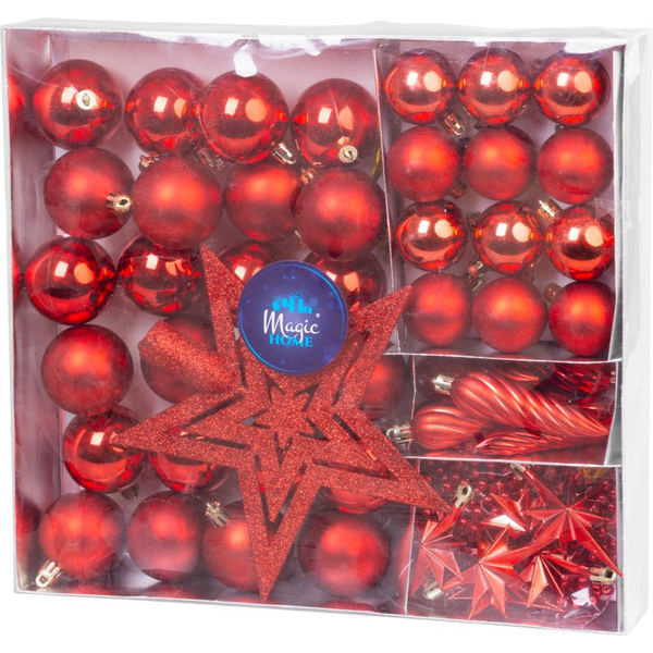 MagicHome karácsonyi gömbök, készlet, 50 db, 4-5 cm, piros, csillag, füzér, toboz, karácsonyfára