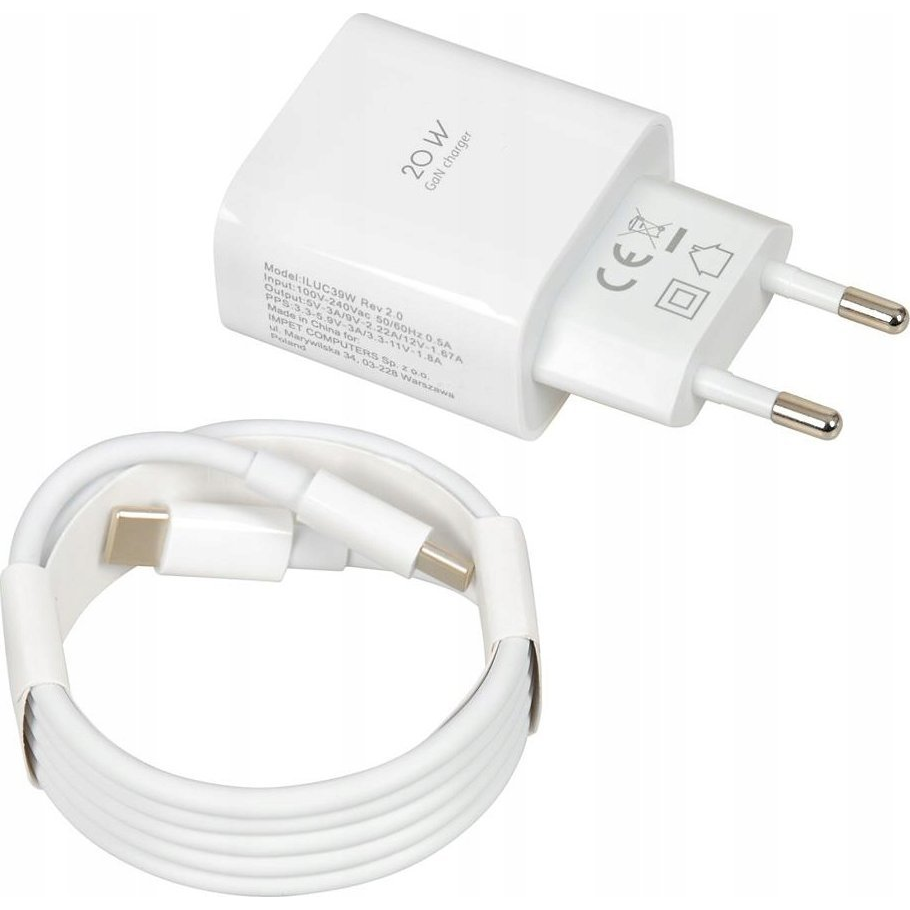 iBox C39W USB-C Hálózati Töltő Adapter 20W + USB-C töltőkábel - Fehér (ILUC39W)