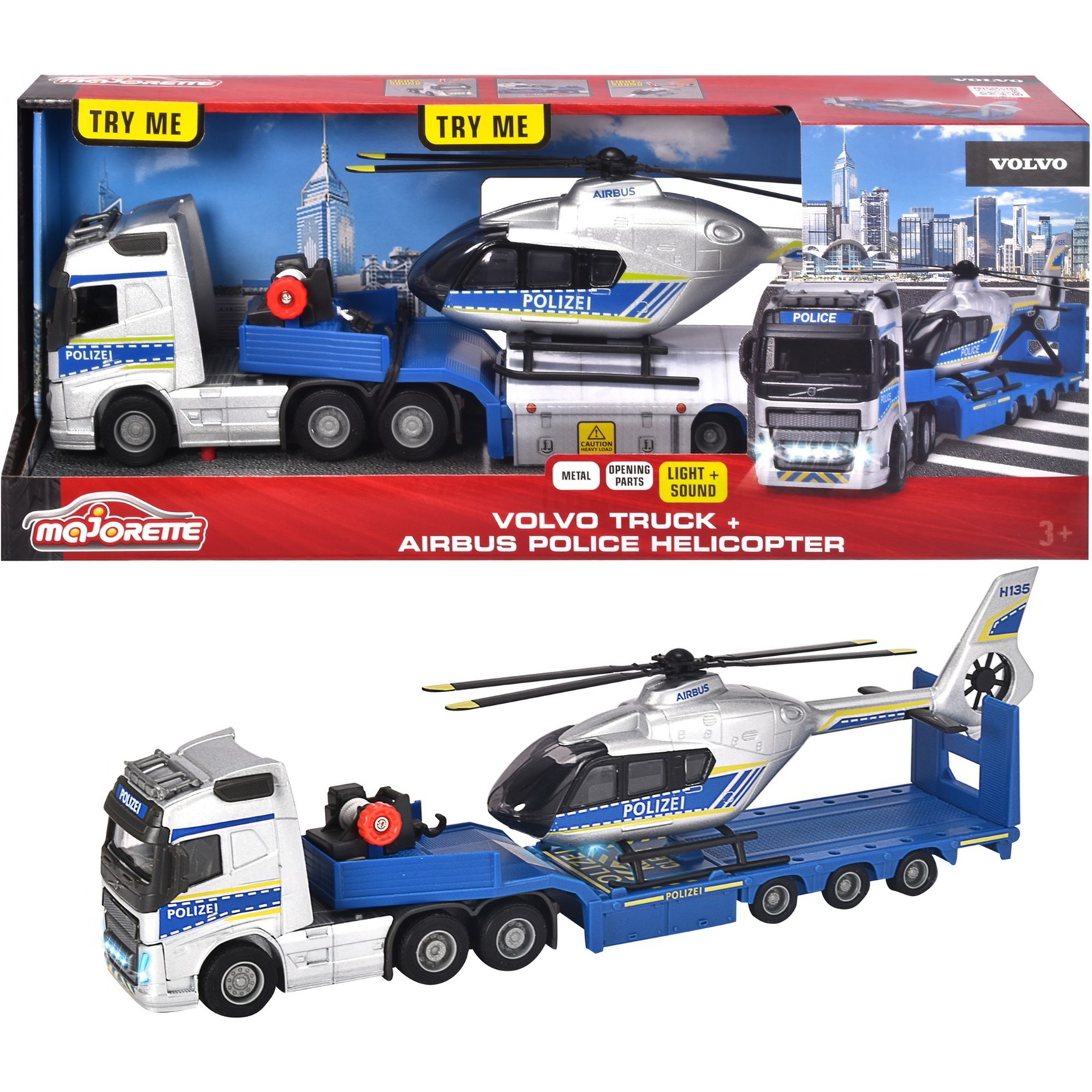 Majorette FH-16 LKW Helikopter szállító Rendőrségi kamion Hanggal és fénnyel (213716000)