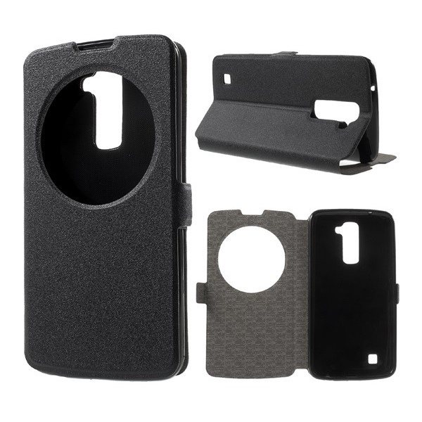 Tok álló, bőr hatású (FLIP, oldalra nyíló, asztali tartó funkció, hívókijelzés, View Window, érdes felület) FEKETE [LG K10 (K420n)] (5996457637379)