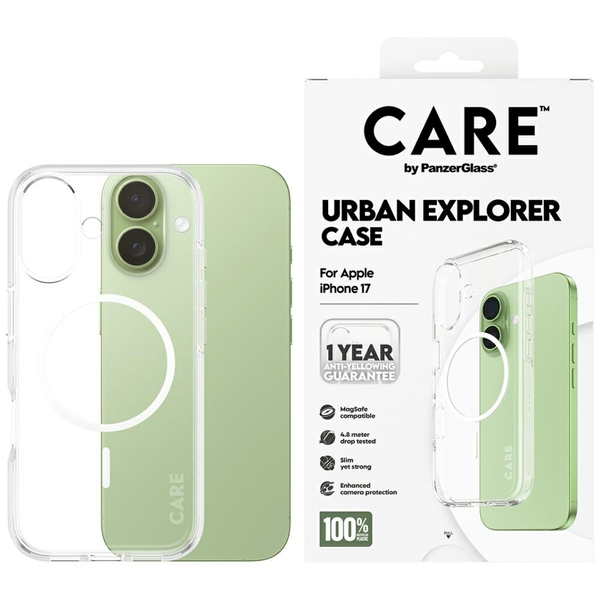PanzerGlass CARE by ® Flagship Case Transparent Urban Explorer w. White MagSafe iPhone 17 mobiltelefon etui Cover