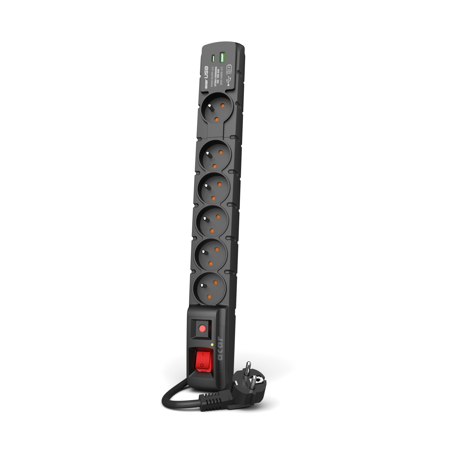 Acar S6 230V Túlfeszültség védő elosztó - 6 aljzatos + 1x USB-A / 1x USB-C 5m - Fekete (W2438)