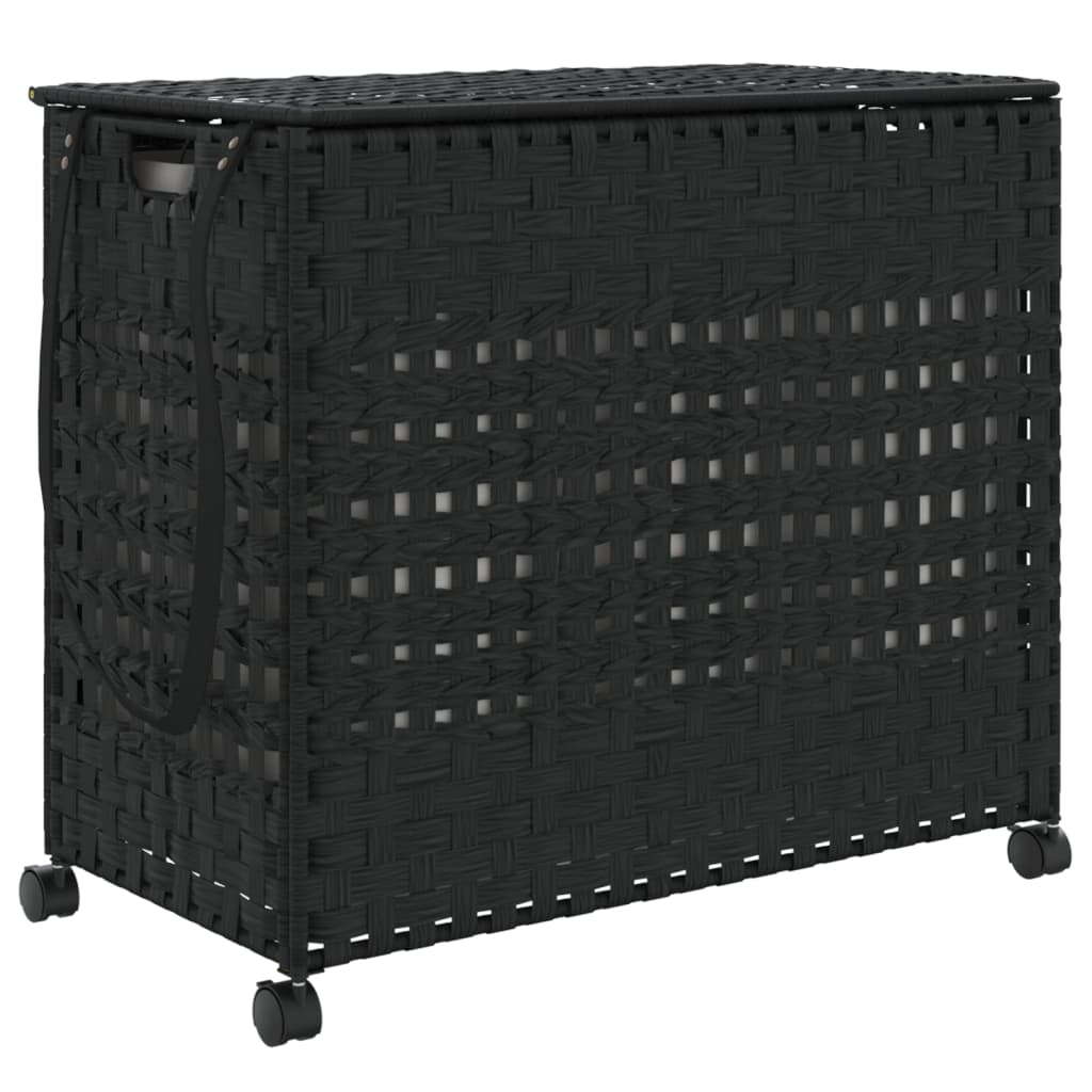 fekete rattan szennyeskosár kerekekkel 66x35x60 cm (372047)