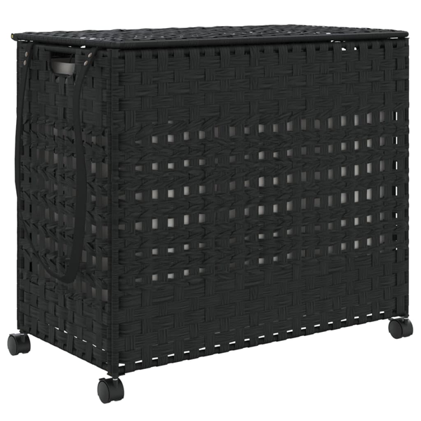 fekete rattan szennyeskosár kerekekkel 66x35x60 cm