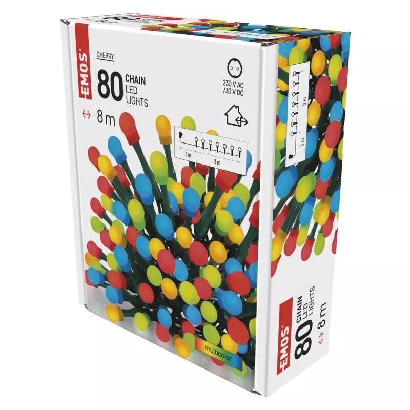 EMOS LED fényfüzér cseresznye golyók 8m kültéri és beltéri időzítős többszínű (D5AM02) (D5AM02)