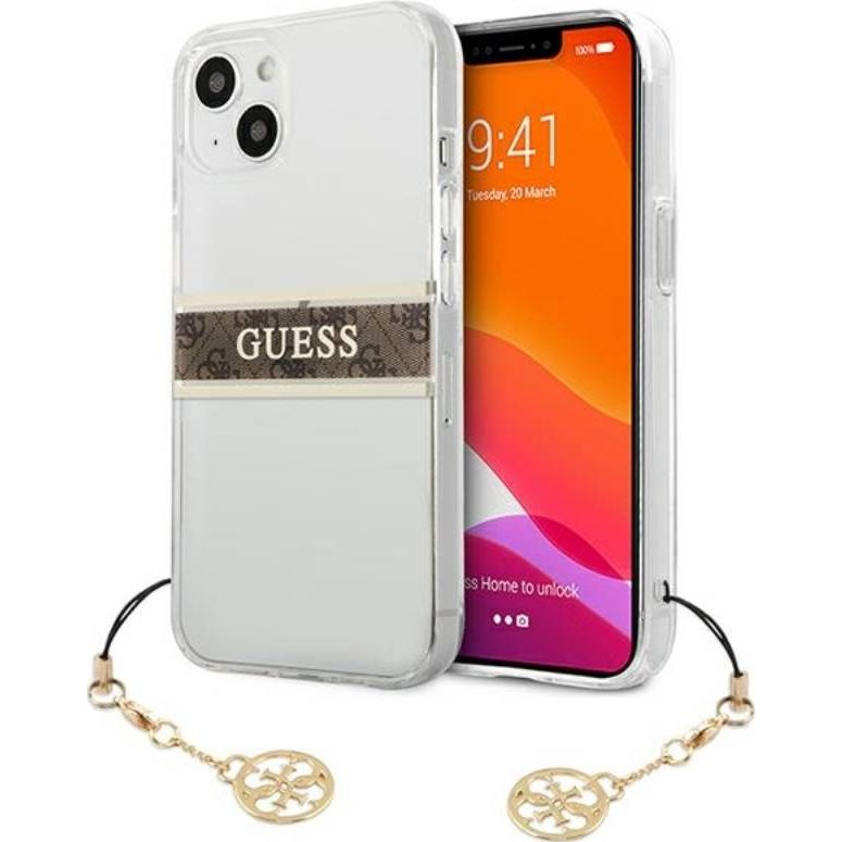 Guess PU/TPU Brown Stripe Apple iPhone 13 mini hátlap tok, átlátszó (GUE1327CL)